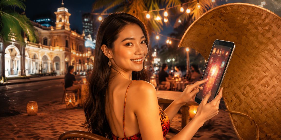 Người dùng dùng điện thoại truy cập casino di động tại TP. Hồ Chí Minh với nón lá truyền thống