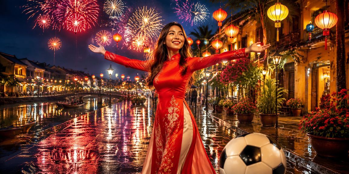 Người hâm mộ bóng đá tại Hội An theo dõi và đặt cược trận đấu qua điện thoại với trang phục áo dài truyền thống