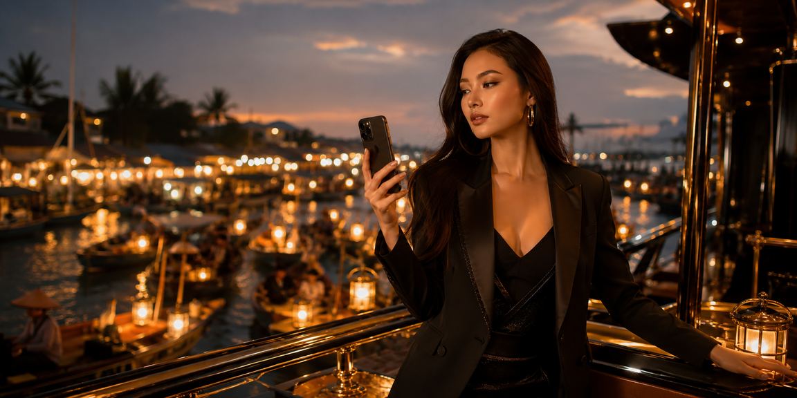 Người dùng duyệt kèo thể thao trên điện thoại tại bãi biển Mũi Né buổi chiều